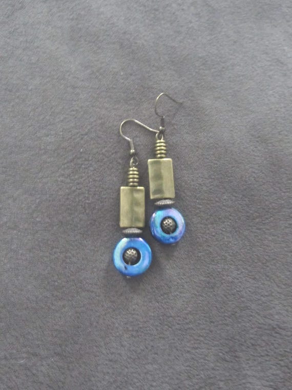 Mid century modern blue mother of pearl and bronze earrings