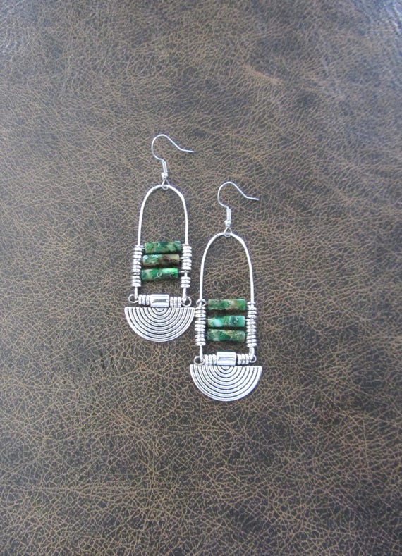 Green Imperial Jasper Chandelier Earrings, Tribal Boho Silver Hooks