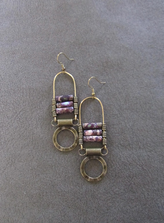Purple imperial jasper and bronze unique ethnic earrings, 2