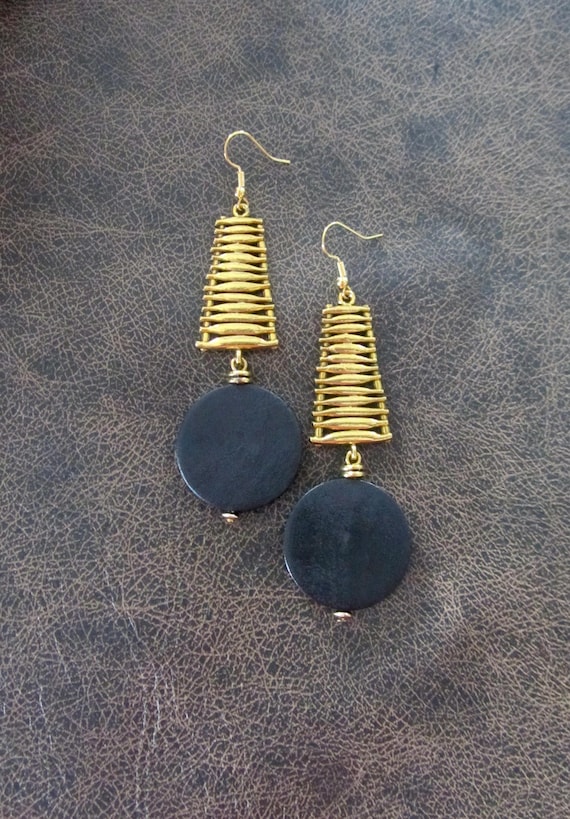 Mid century modern black wood and gold earrings
