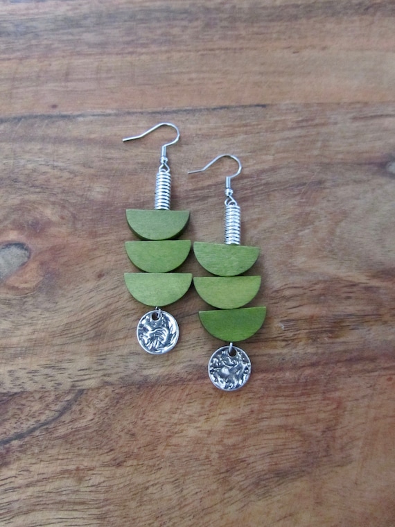 Wood and silver mid century modern earrings, unique pagoda earrings, green