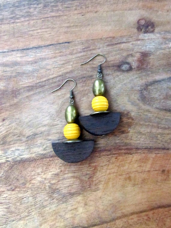 Bold yellow wooden geometric earrings