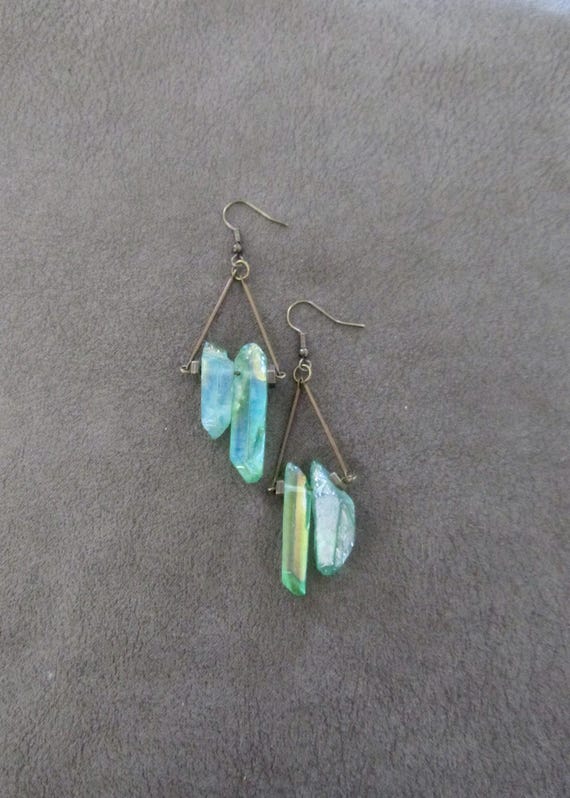 Raw quartz green crystal earrings, rustic boho chic earrings, unique geode, bronze