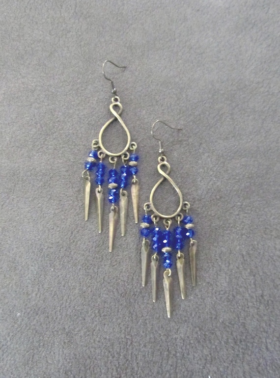Crystal chandelier earrings, blue and bronze earrings