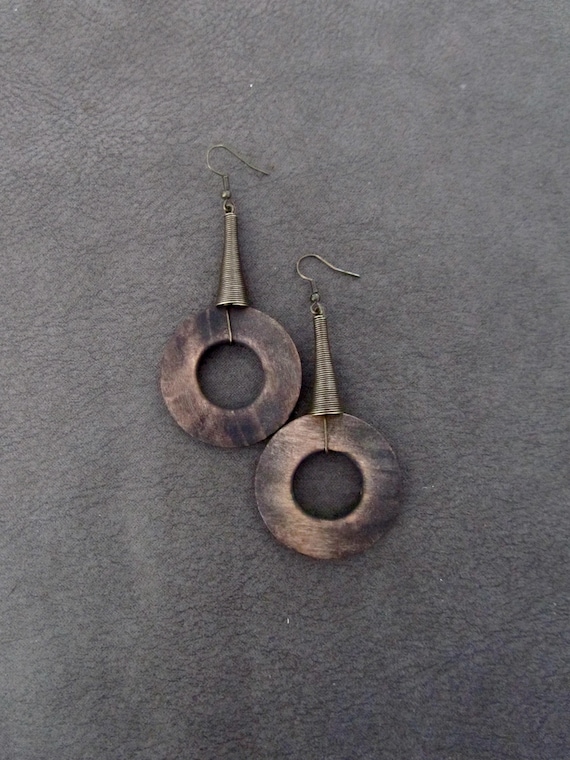 Huge earrings, Natural wood earrings, African Afrocentric earrings, boho bohemian earrings, antique bronze mid century modern earrings, dark