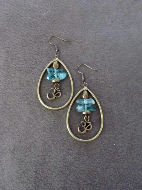 Raw quartz green crystal and om hoop earrings