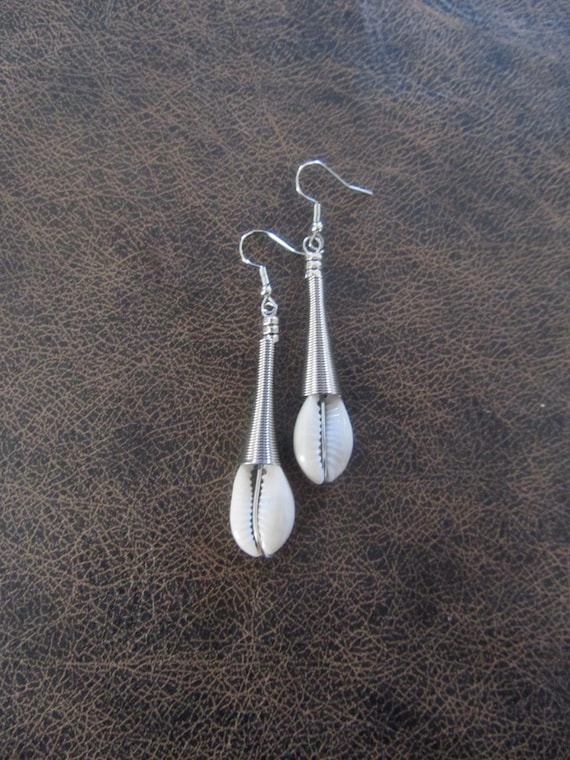 Cowrie shell earrings, silver African Afrocentric earrings