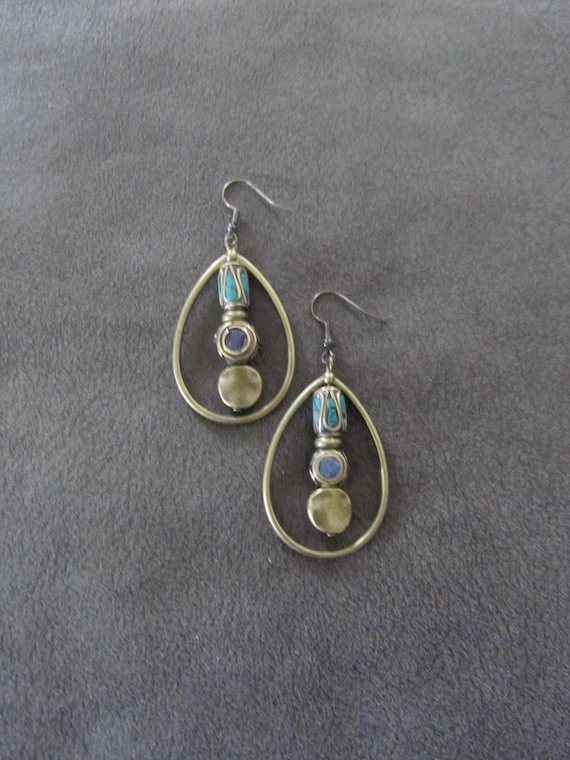 Gemstone inlay Tibetan style bronze hoop earrings