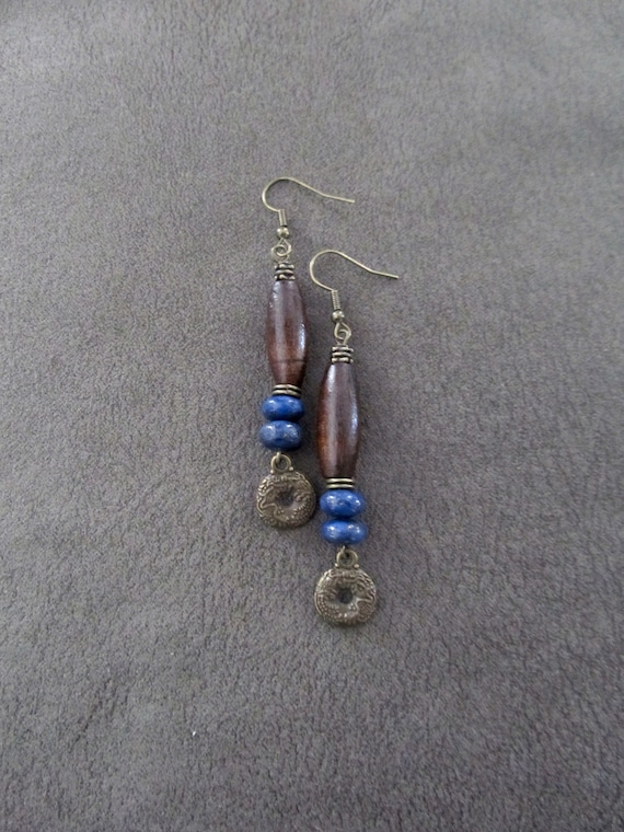 Long lapis and wooden earrings
