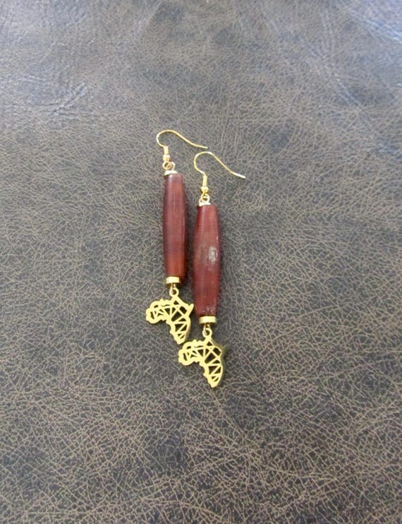Africa Afrocentric carved bone earrings, orange 2