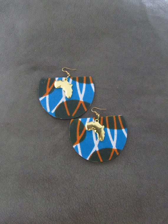 Large African print earrings, Ankara huge fabric earrings, blue orange