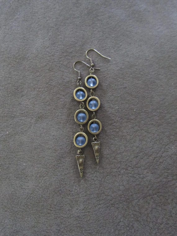 Periwinkle frosted glass earrings, geometric earrings, artisan bronze