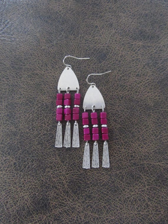 Purple seed bead and antique silver earrings