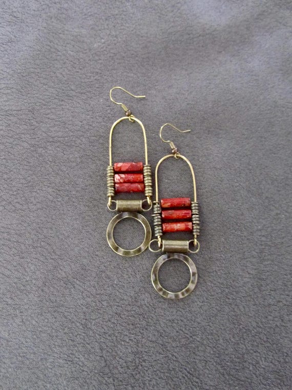Orange Imperial Jasper Chandelier Earrings, Boho Tribal Jewelry