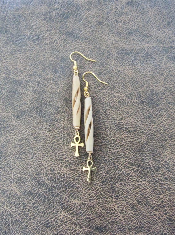 Bone and brass ankh earrings 22