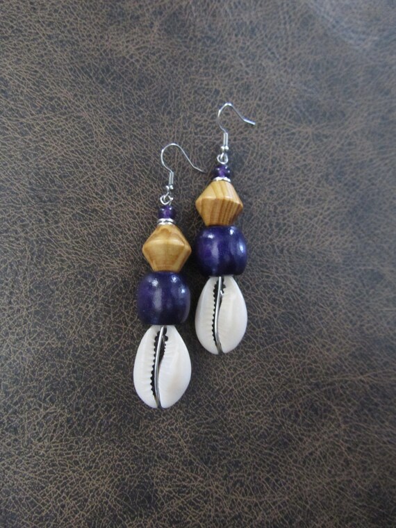 Cowrie shell and wooden earrings, purple earrings