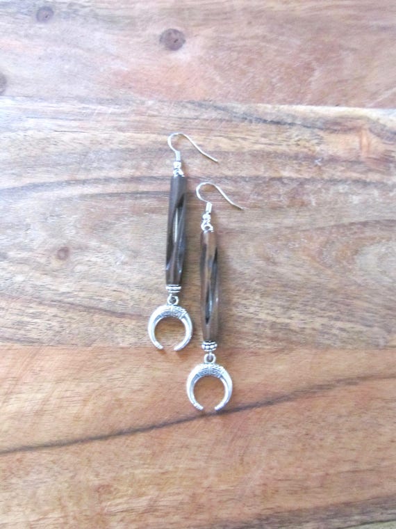 Ethnic tribal carved bone dangle earrings, silver