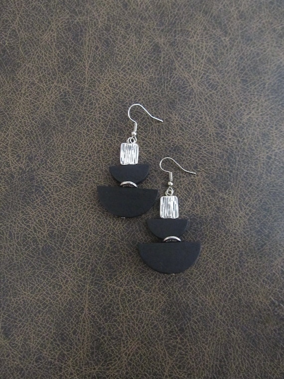 Black geometric earrings, wood earrings, mid century modern earrings, Art Deco earrings, bold statement, unique earrings, artisan earrings