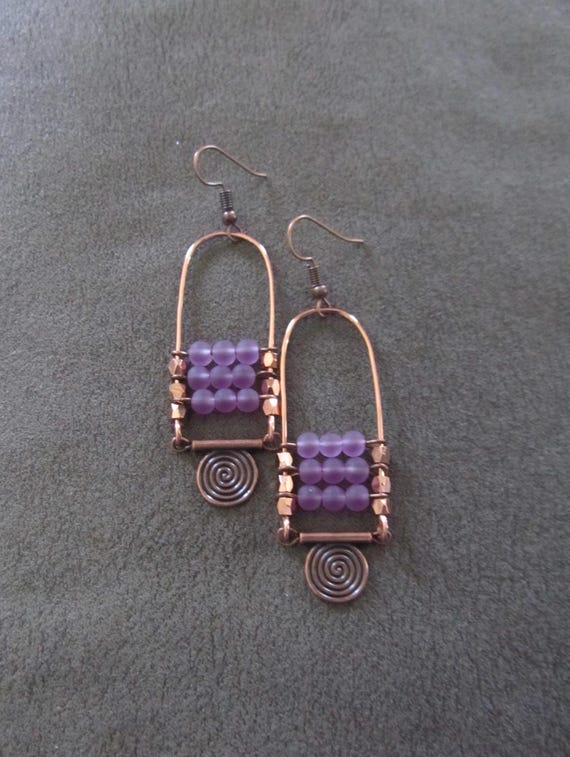 Copper and frosted glass ethnic dangle earrings, purple
