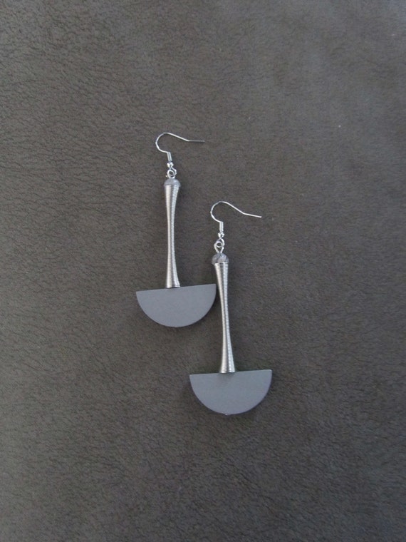 Gray wooden and silver futuristic earrings