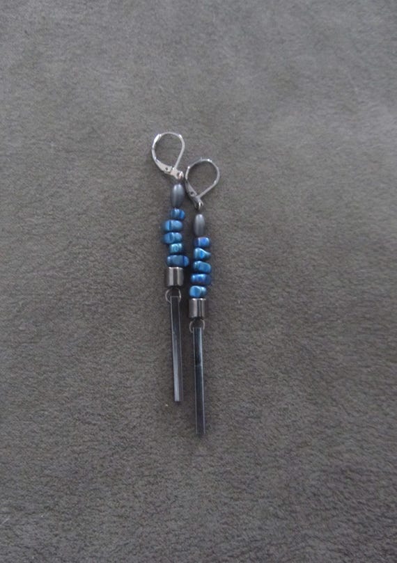Minimalist blue hematite nugget and gunmetal earrings