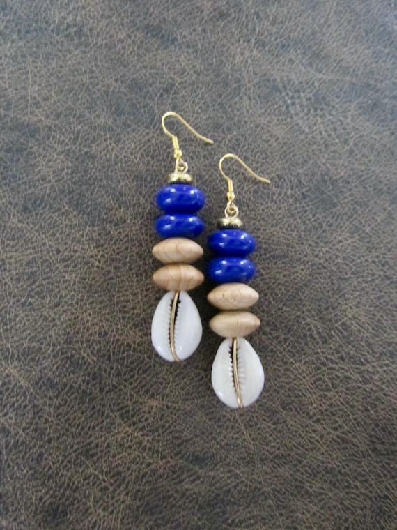 Cowrie shell and blue mid century earrings