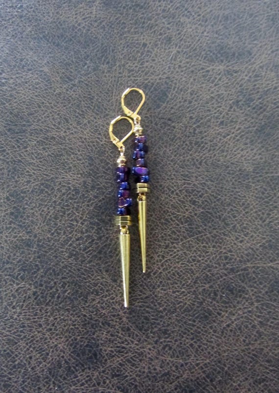 Purple nugget and gold spike earrings