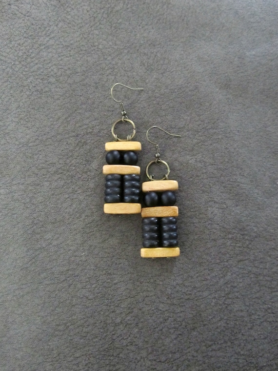 Mid century modern black and natural wooden earrings