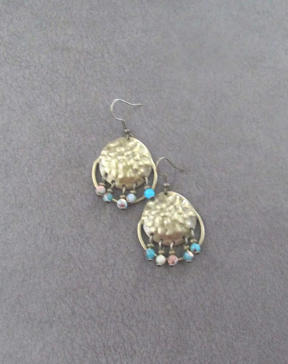 Chandelier earrings, hammered bronze and turquoise jasper