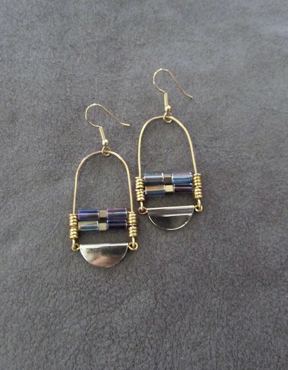 Gold ethnic earrings, iridescent glass earrings