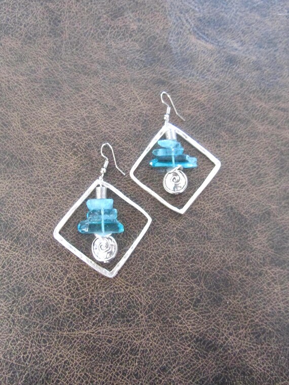 Raw quartz crystal earrings, blue geometric