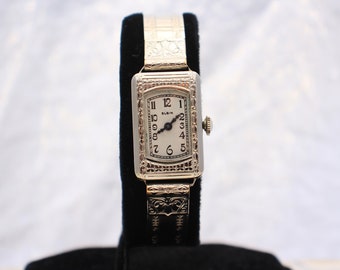 Vintage 1930s Art Deco 14k Solid White Gold Engraved Elgin Mechanical Watch: Serviced