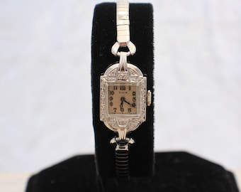 Vintage 1950s Women's Elgin 14K Solid White Gold With Real Diamond Mechanical 17Jewels Watch: Serviced