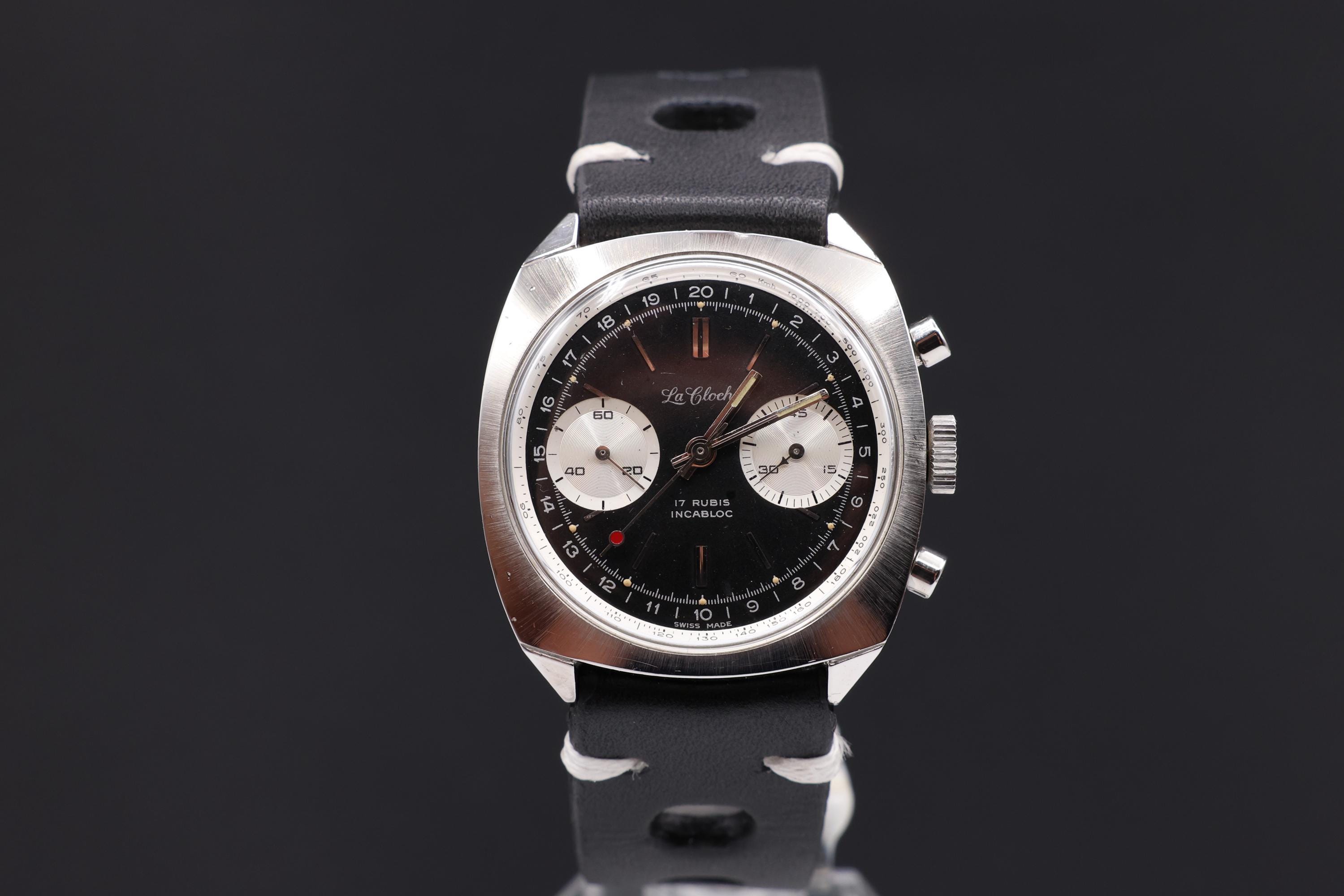 Vintage LA CLOCHE Chronograph 17 Rubis  Valjoux 7733 Panda Dial Mechanical All Stainless Steel Watch Serviced