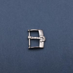 May include: A silver watch band buckle with a polished finish.