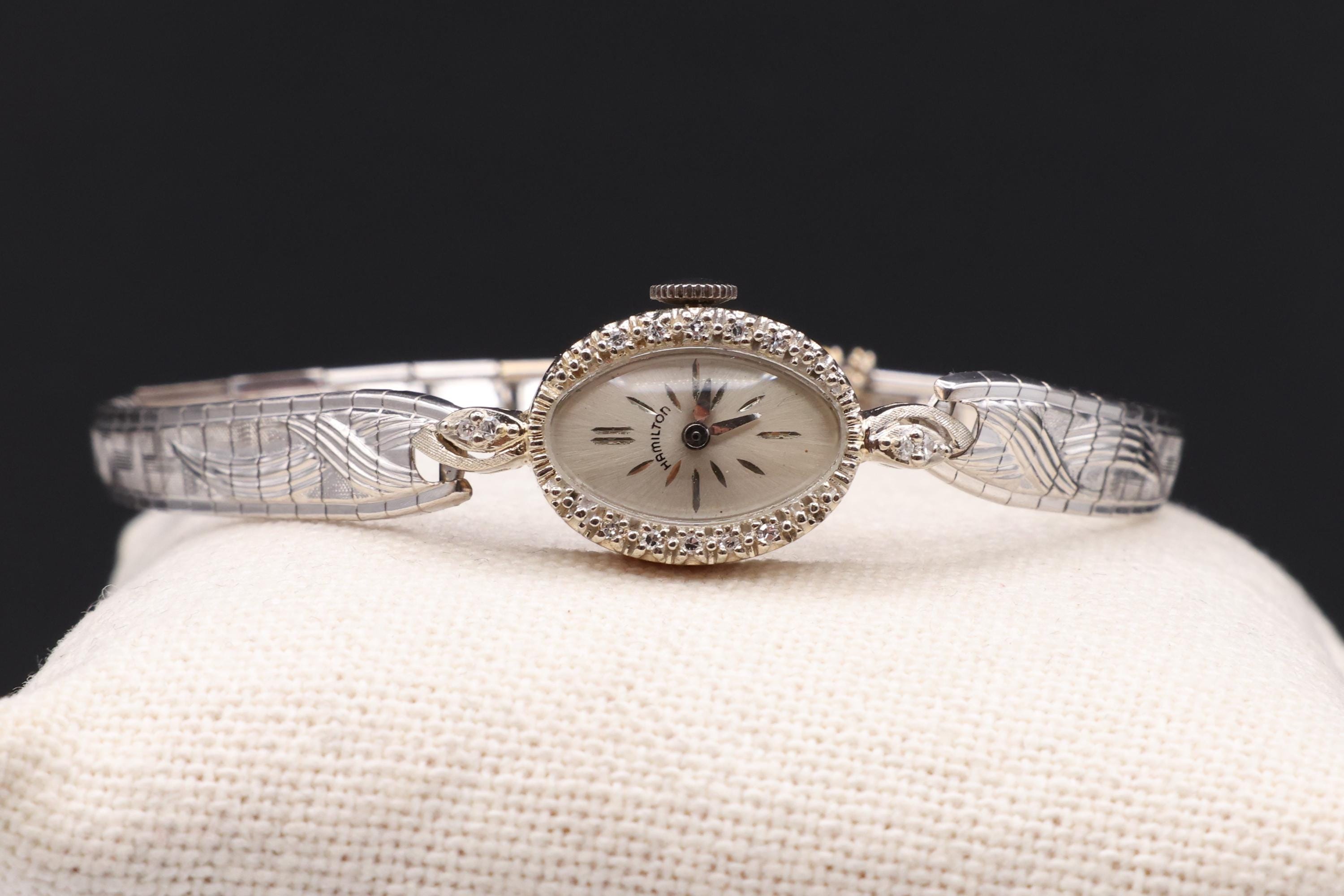 Vintage 14K Solid White Gold Hamilton With Real Diamond 