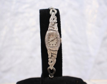 Vintage 14K Solid White Gold And Real Diamond Hamilton Women's Mechanical Watch; Serviced