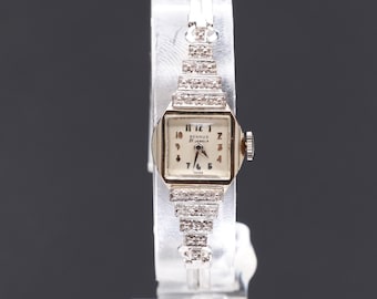 Vintage, 1940s Art Deco 14K Solid White Gold Benrus 21 Jewels, Real Diamond, Mechanical Ladies Watch; Serviced