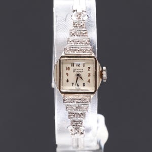 Vintage, 1940s Art Deco 14K Solid White Gold Benrus 21 Jewels, Real Diamond, Mechanical Ladies Watch; Serviced