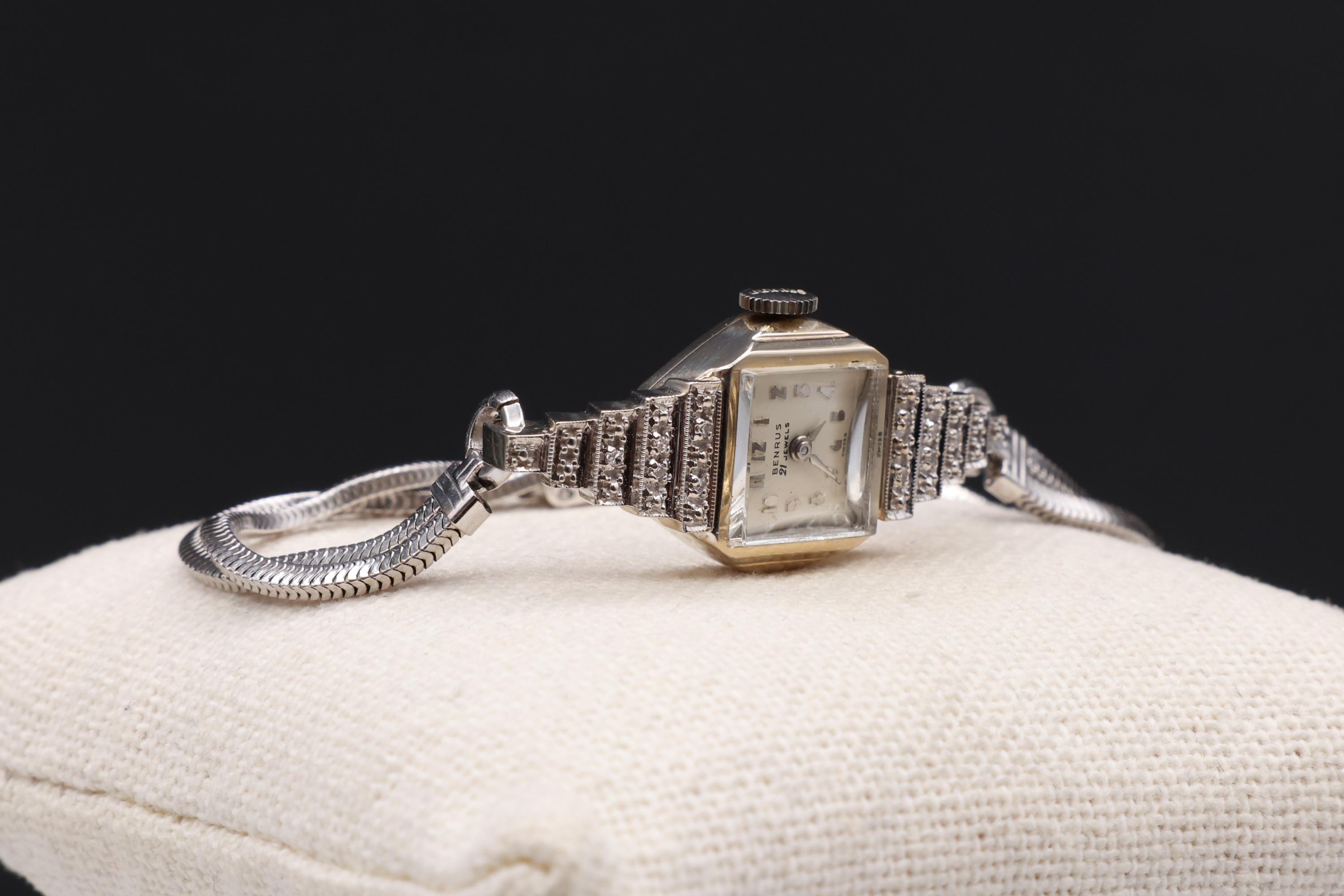 アンティークレディース時計 BENRUS K14 ホワイトゴールド Vintage 1940s Benrus Diamond Watch: 14K White Gold Art Deco
