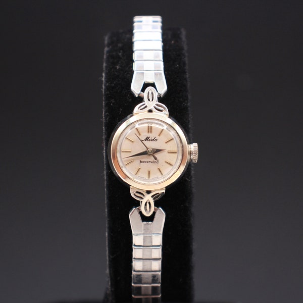 Vintage Ladies White Gold Filled MIdo Poverwind Automatic Mechanical Wrist Watch, Serviced