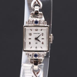 Vintage 14k Solid White Gold Hamilton With Diamond And  Sapphire Mechanical Ladies Watch; Serviced