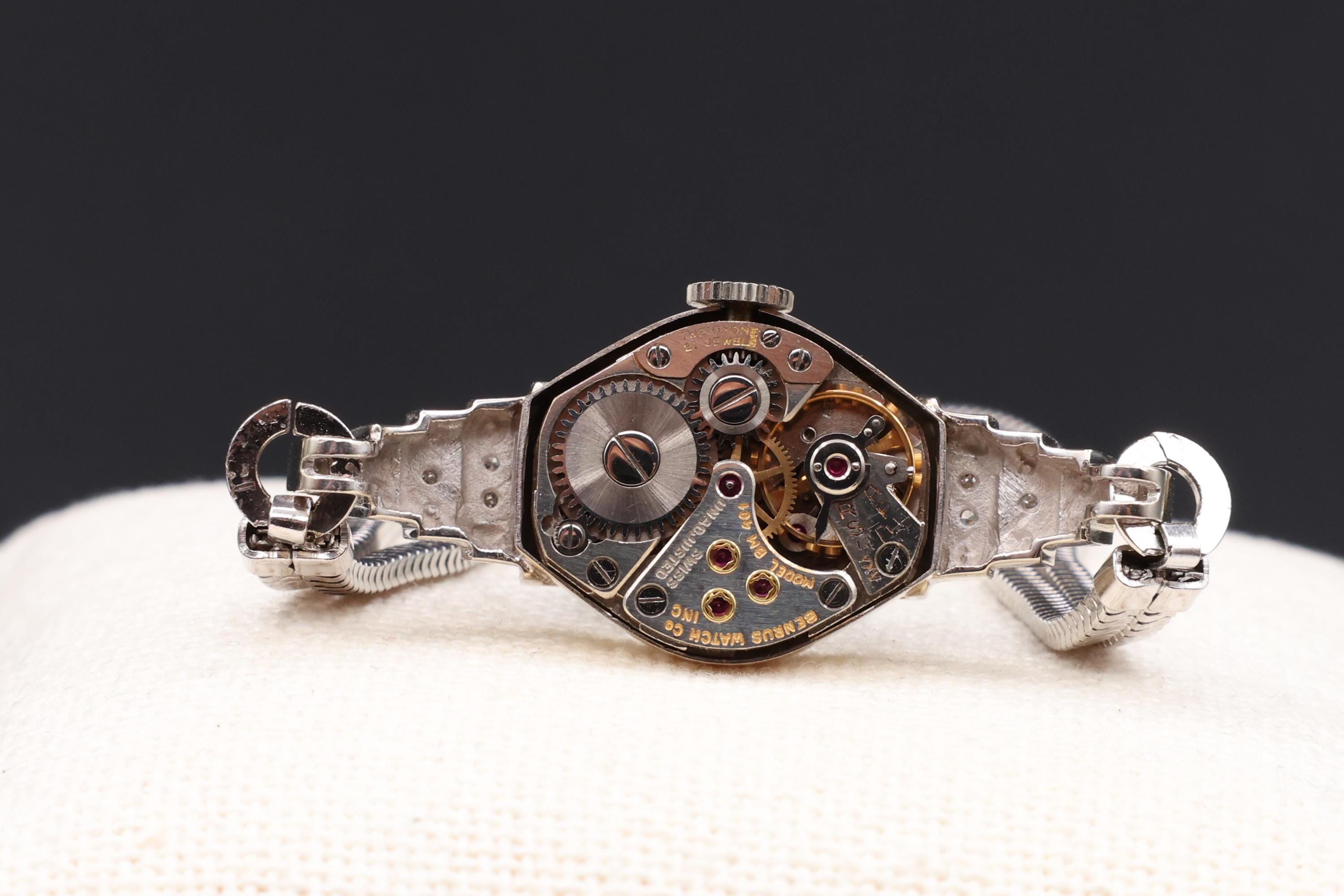 アンティークレディース時計 BENRUS K14 ホワイトゴールド Vintage 1940s Benrus Diamond Watch: 14K White Gold Art Deco