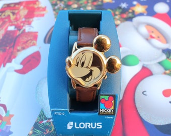 Lorus Mickey Mouse Watch: Gold Tone Character Watch, New Leather Band