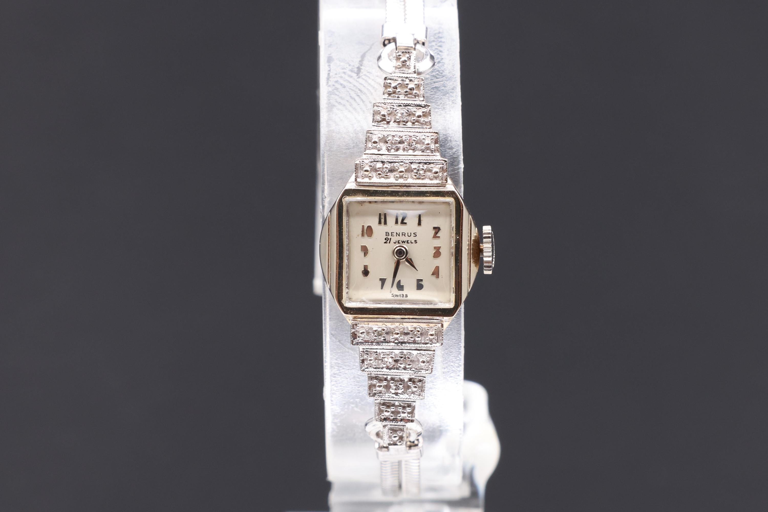 Vintage 1940s Art Deco 14K Solid White Gold Benrus 21 Jewels Real Diamond Mechanical Ladies Watch Serviced Etsy