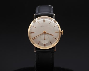 Reloj mecánico clásico Benrus de oro amarillo macizo de 14 quilates, años 60, 17 joyas