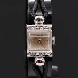 Vintage 14K Solid Gold Diamond Recta Women&#39;s Mechanical 17 Jewels Wrist Watch
