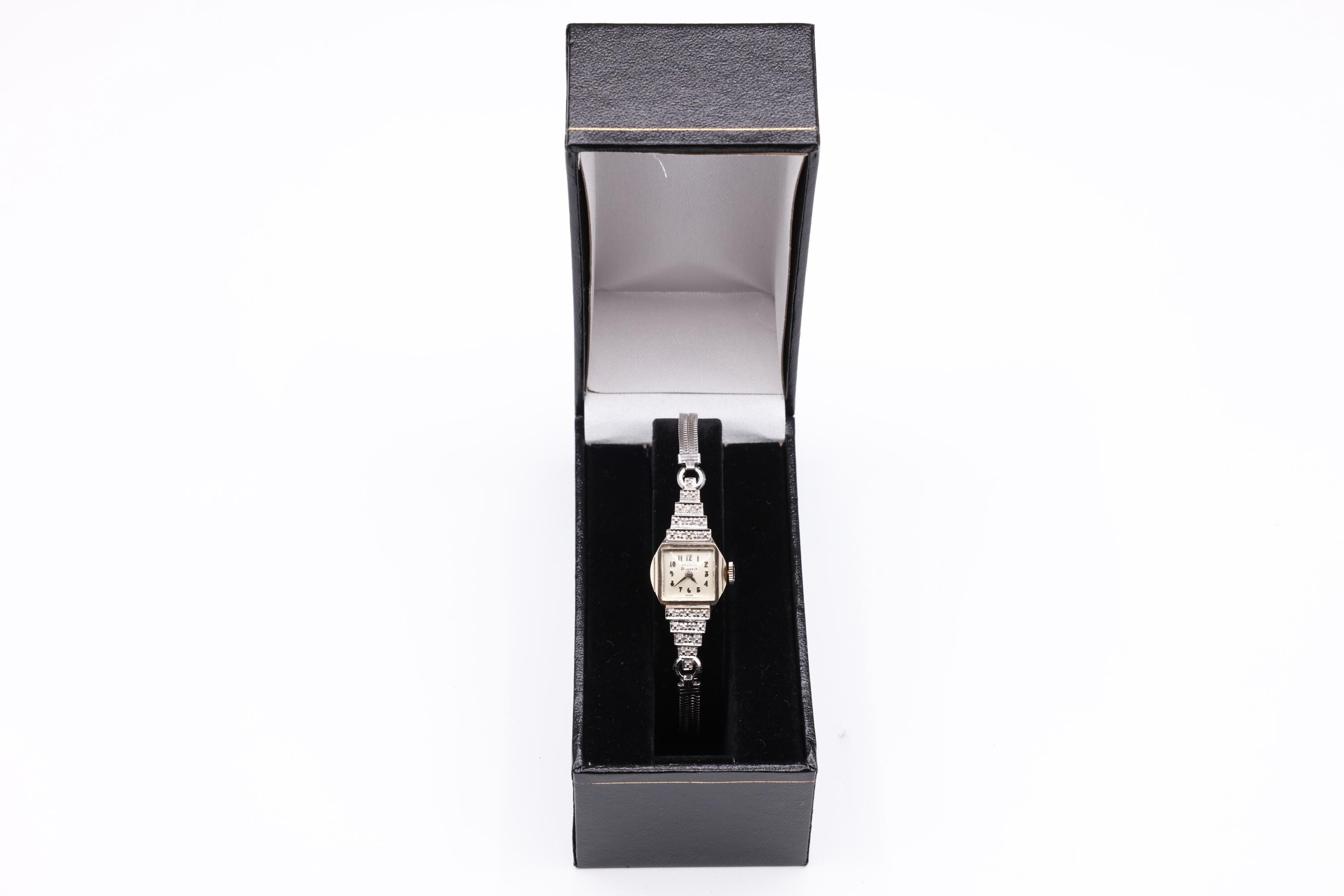 Vintage 1940s Benrus Diamond Watch: 14K White Gold Art Deco