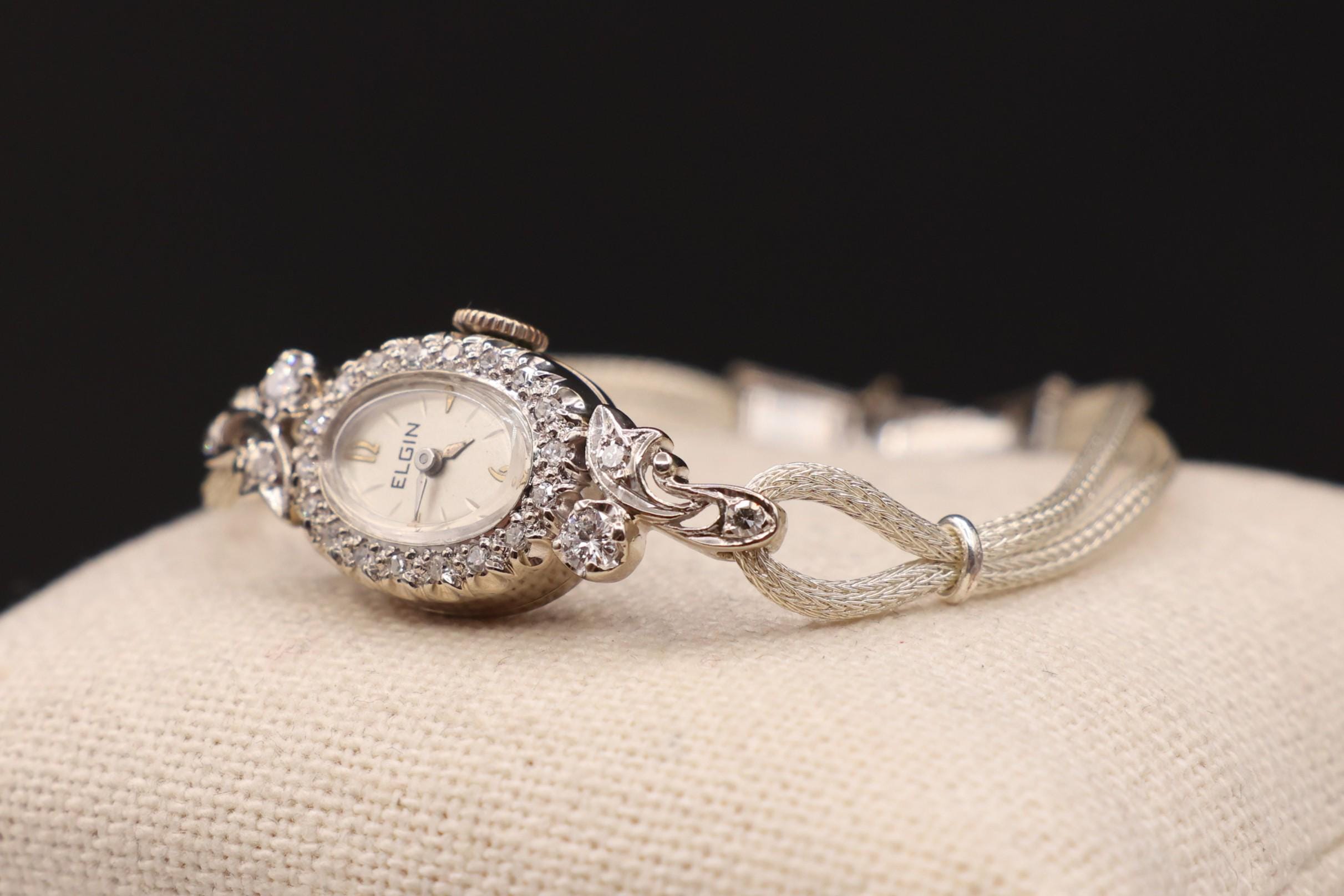 Vintage Elgin Diamond 14K White Gold Women display picture 3