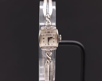 Vintage 1950s 14k Solid White Gold Real Diamond Hamilton 17Jewels Mechanical Ladies Watch